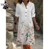 Vestidos casuales de cintura holgada con cuello tipo polo y manga larga con estampado de flores para primavera y otoño para mujer