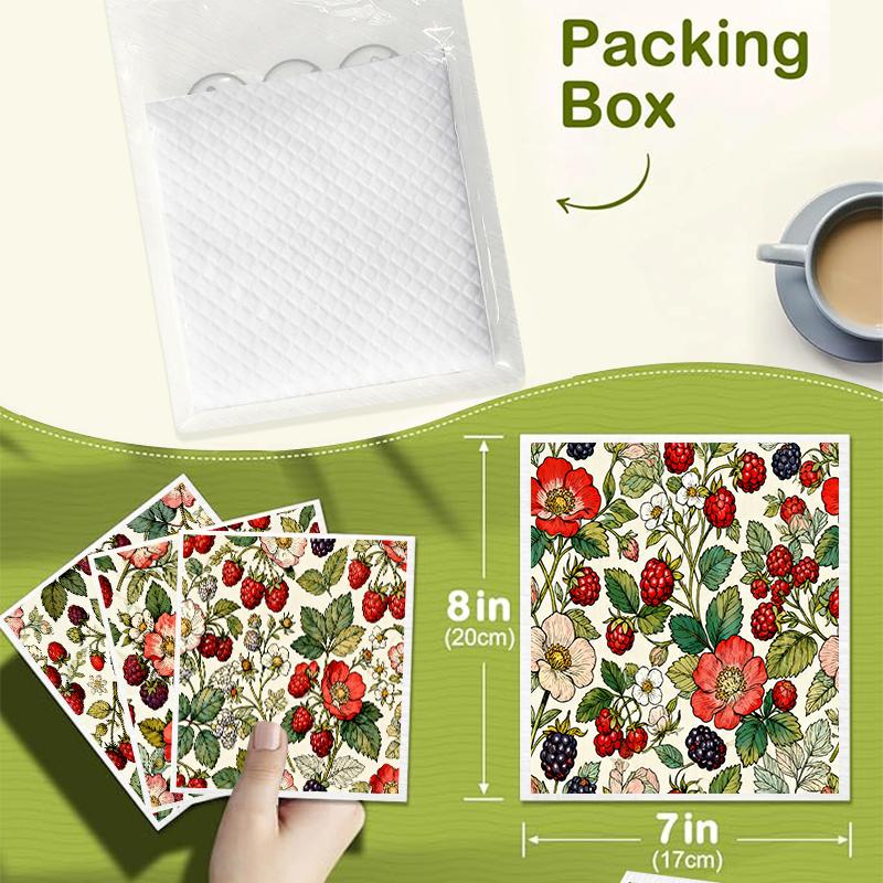 6PCS Cleaning Dishcloths Reusable Kitchen Dish Towels Vintage Floral Berry Print Dishcloth Absorbent Lint Free Cloth Washable Duster Rags Tea Towels