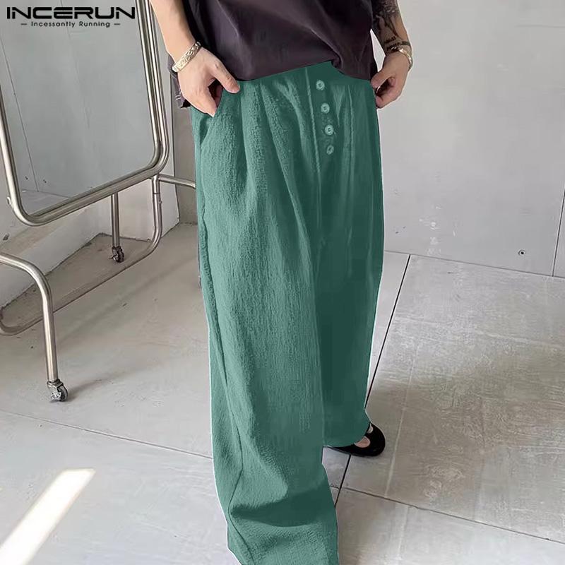 INCERUN Men Drawstring Elastic Waist Solid Texture Casual Long Straight Pants