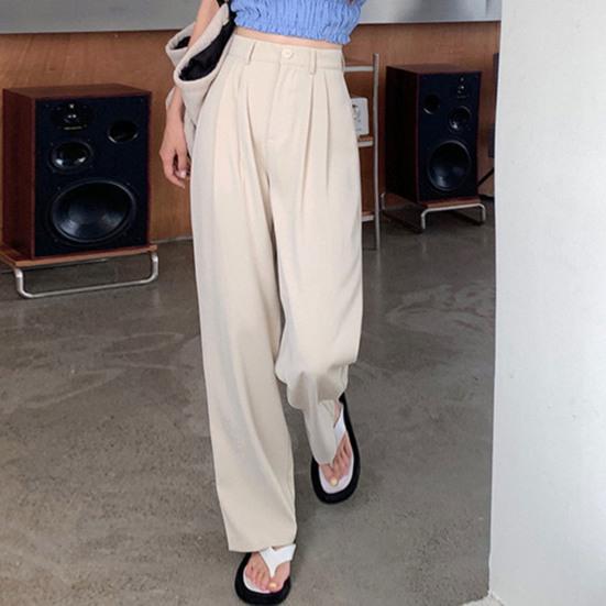 Women Suit Pants Button Zipper Fly High Waist Long Trousers Solid Color Straight Wide Leg Office Lady Pants