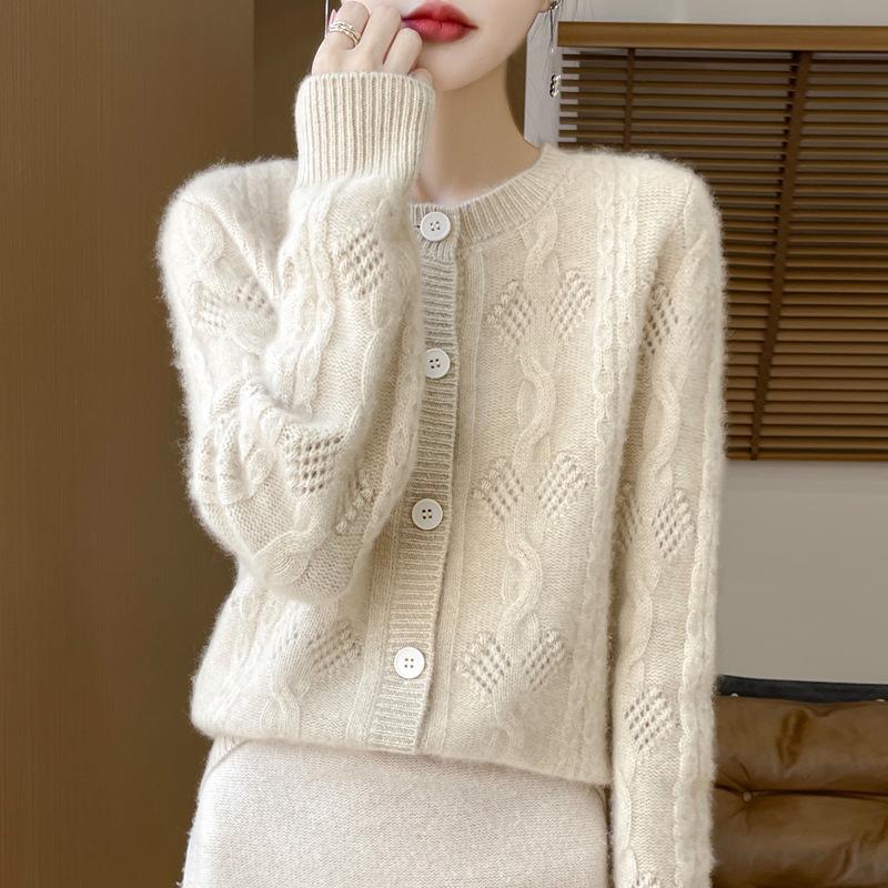 Women's Thick Wool Knit Cardigan - Solid Color, Crochet Hollow Design, Round Neck for Autumn and Winter