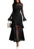 Abito da Donna Nero Floreale a Maniche Lunghe con Volant – Stile Europeo e Americano