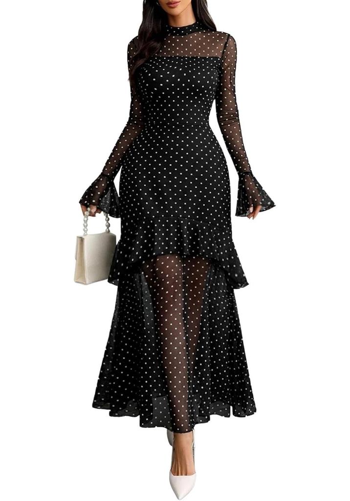 Abito da Donna Nero Floreale a Maniche Lunghe con Volant – Stile Europeo e Americano