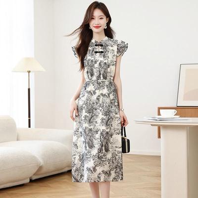 Robe amincissante boutonnée à imprimé encre de Chine pour femmes, été 2025