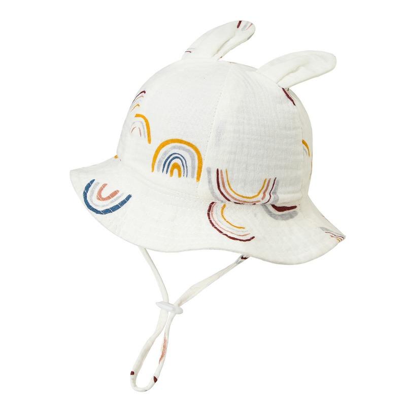 New Baby Gauze Basin Hat Baby Pleated Printed Bucket Hat Rabbit Ear Sun Hat 3-12M