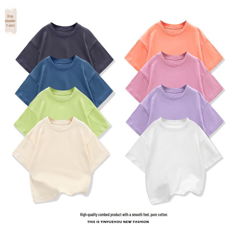 

Летняя футболка для мальчиков в корейском стиле свободного кроя – однотонная, со спущенным плечом, с коротким рукавом 110cm