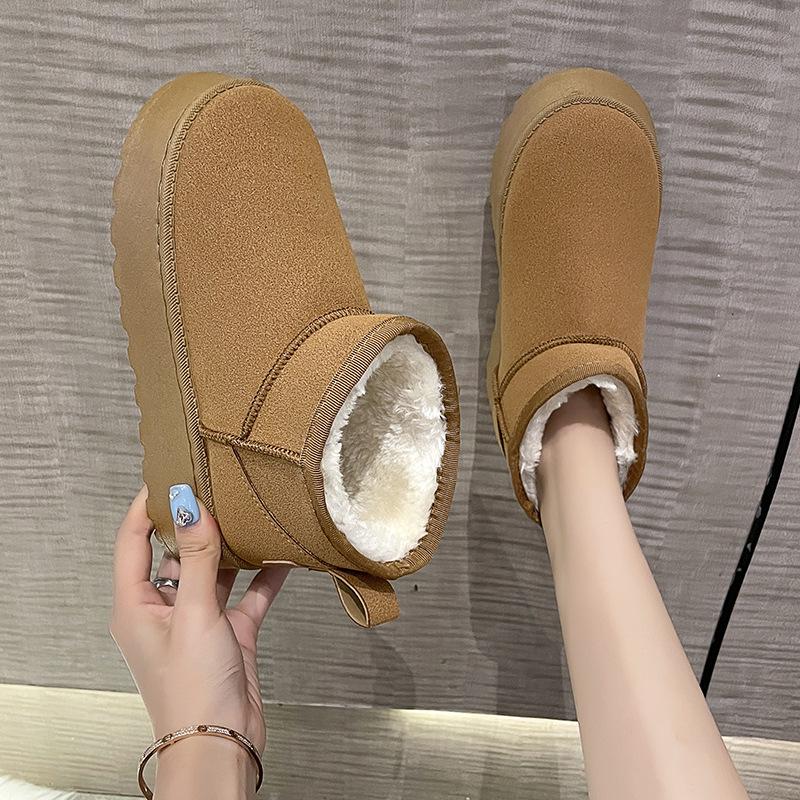 Women's 2025 Black Snow Boots - New Style, Thick Platform Sole, Solid Color, Ankle Length, Fleece-Lined Cotton for Warmth