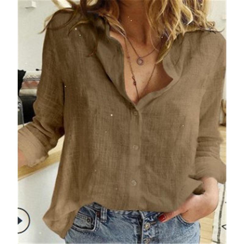 Women Vintage Linen Cotton Blouse Lapel Collar Long Sleeve Button Down Casual Loose Shirt