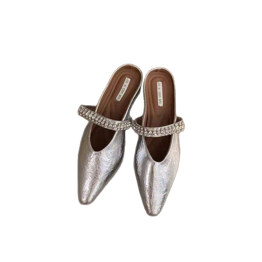 Spring 2025 European and American Square Toe Rhinestone Backless Sandals