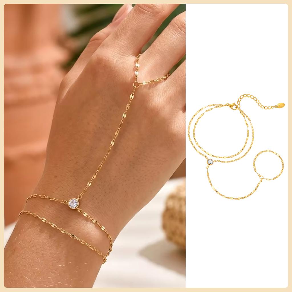 Adjustable Gold Plated Stainless Steel Double Layer Finger Bracelet for Women Summer Party Jewelry