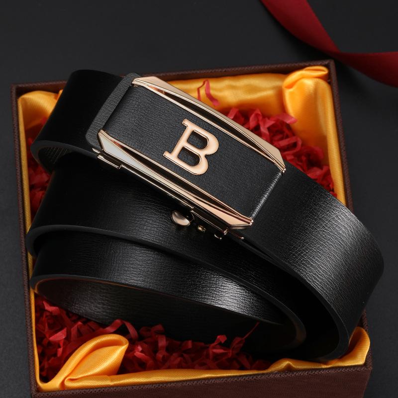 Business and Casual Simple and Versatile Cowhide Belt for Men's New Style Toothless Automatic Buckle Belt for Middle Aged and Young Men's Belt