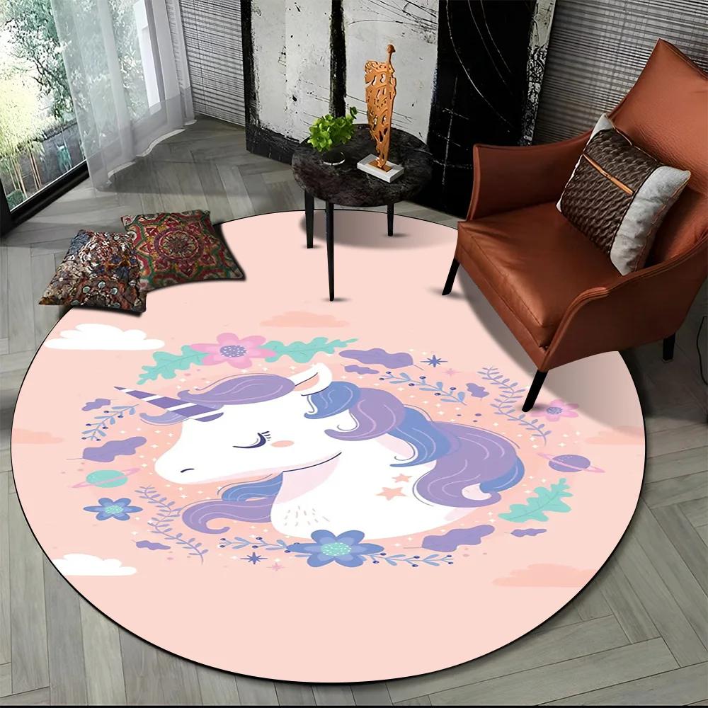 Unicorn Cartoon Animal Round Carpet Rug for Living Room Children's Bedroom Sofa Decor,Kid Paly Game Area Rug Non-slip Floor Mat