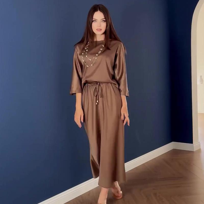 2024 Autumn Euro-American Solid Color Round Neck Top & Drawstring Midi Skirt Set