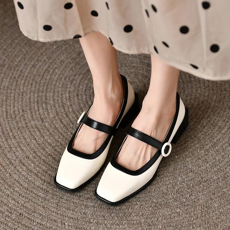 French Vintage Pumps Elegant Square Head Thick Low  Heel Mary Jane Shoes Women's New Belt Buckle Single Loafers Tacones Mujer