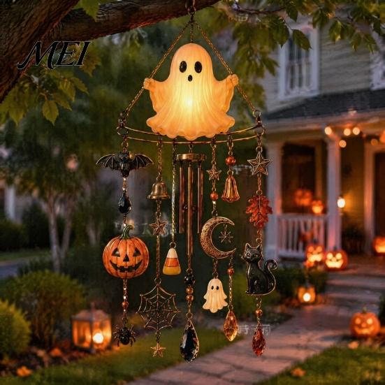 Night Glowing Yard Art Halloween Luminous Ghost Wind Chime, Glow-in-The-Dark Hanging Ornament with Pumpkin Bat Outdoor Garden Decoration Spider