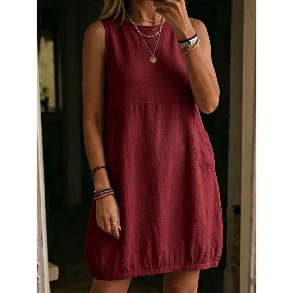 Women's Round Neck Sleeveless Side Pocket Solid Linen Loose Fit Casual Midi Dress