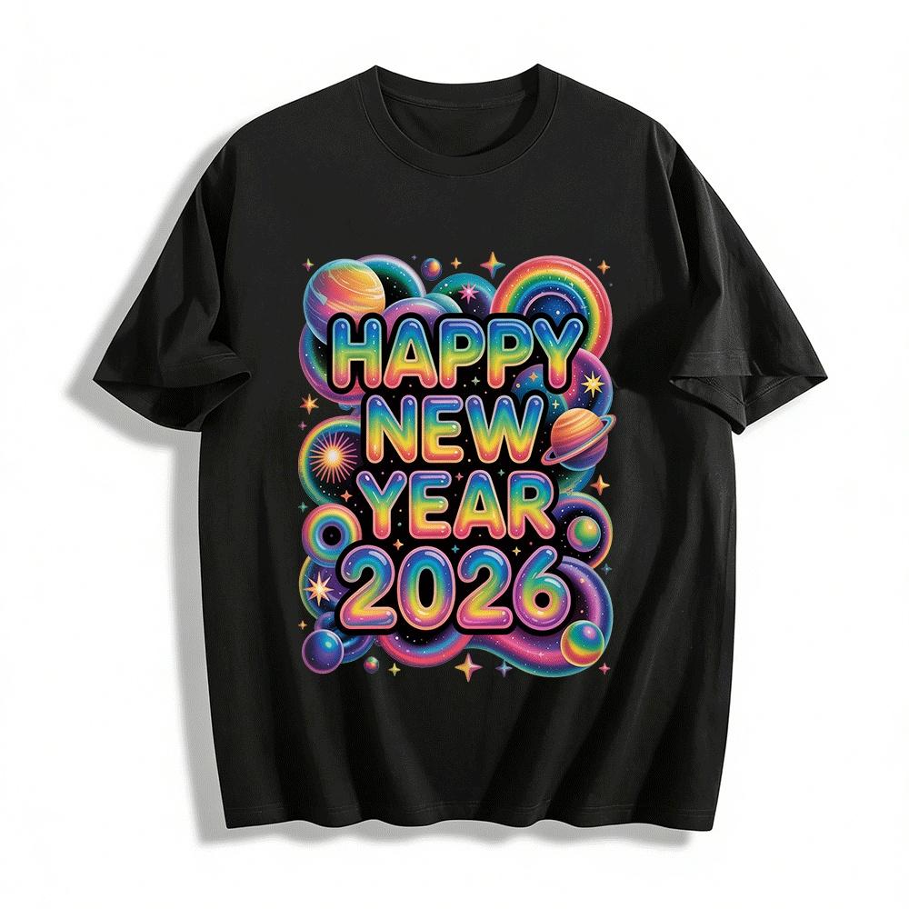 

2026 Happy New Year Cosmic Planet Tie Dye Graphic Casual Top Pure cotton T-shirt XXS