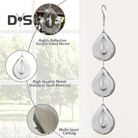 3D Waterdrop Wind Spinner Bird Scare Decoration Outdoor Garden Yard Farm Hanging Metal Wind Chime Bird Deterrent Device Ornament