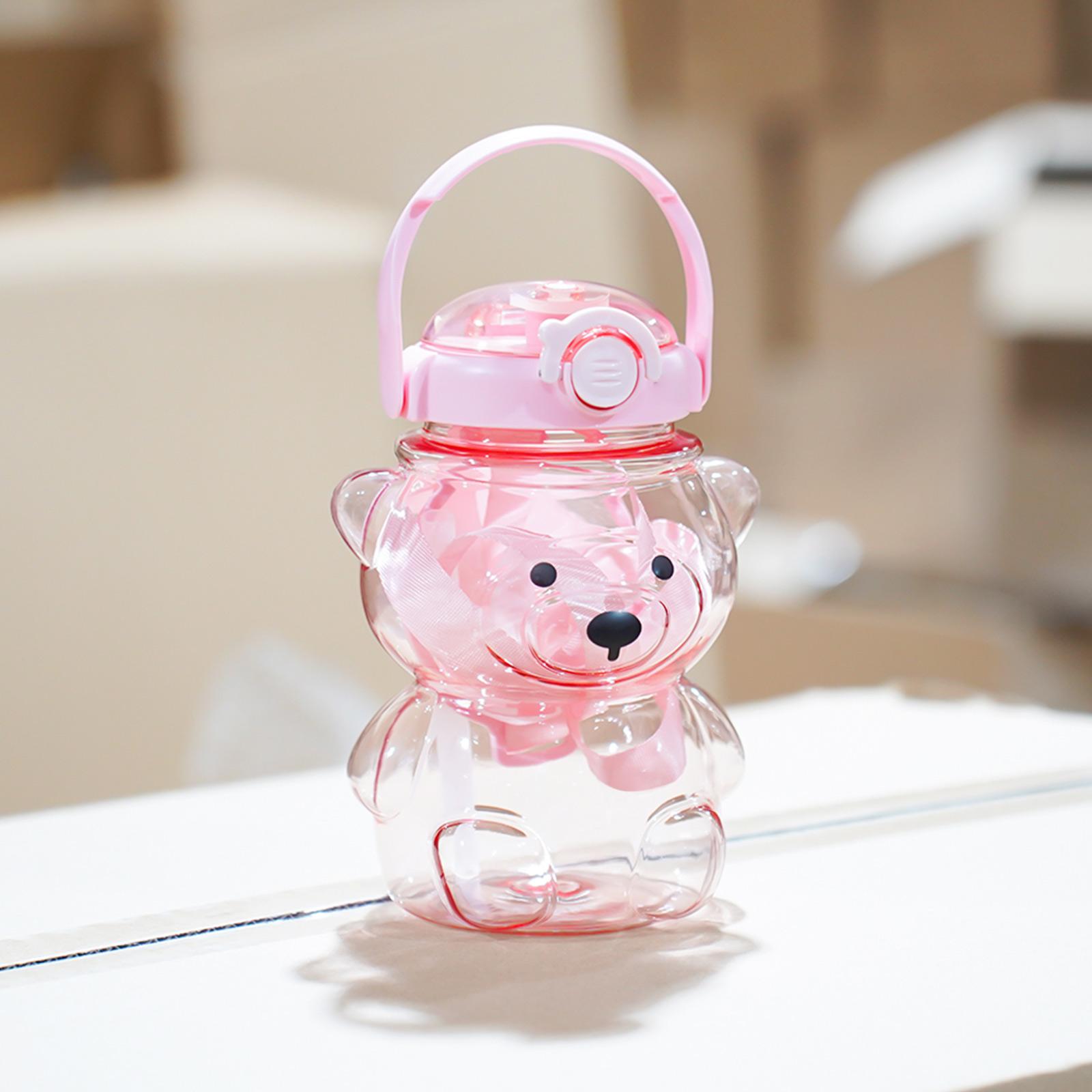 

Children Plastic Water Bottle with Straw Bear Shape Design Leak Proof Lid Portable Handle for Kids Outdoor Use Durable One Size розовый