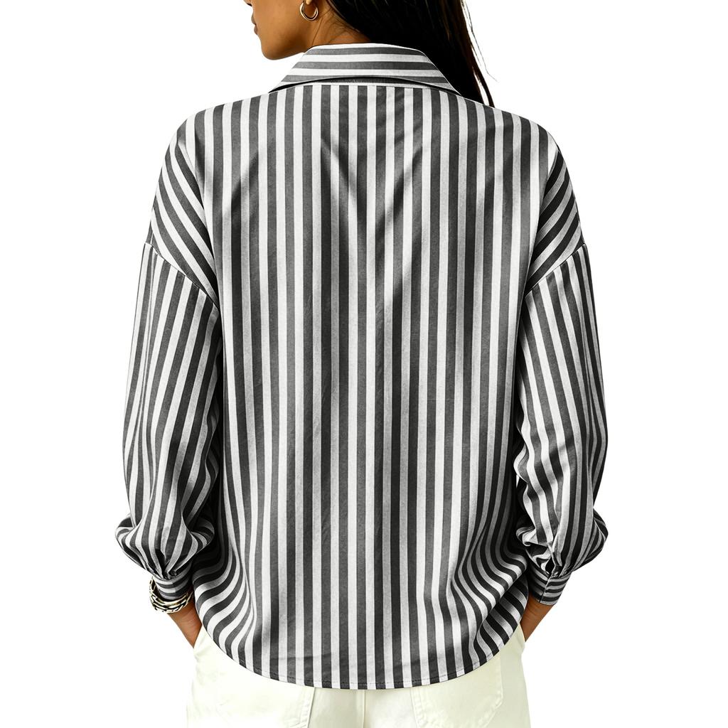 Women's Casual Loose Fit Long Sleeve Shirt Half Zip Front Striped Pattern Collared Blouse Lightweight Top for Everyday Wear