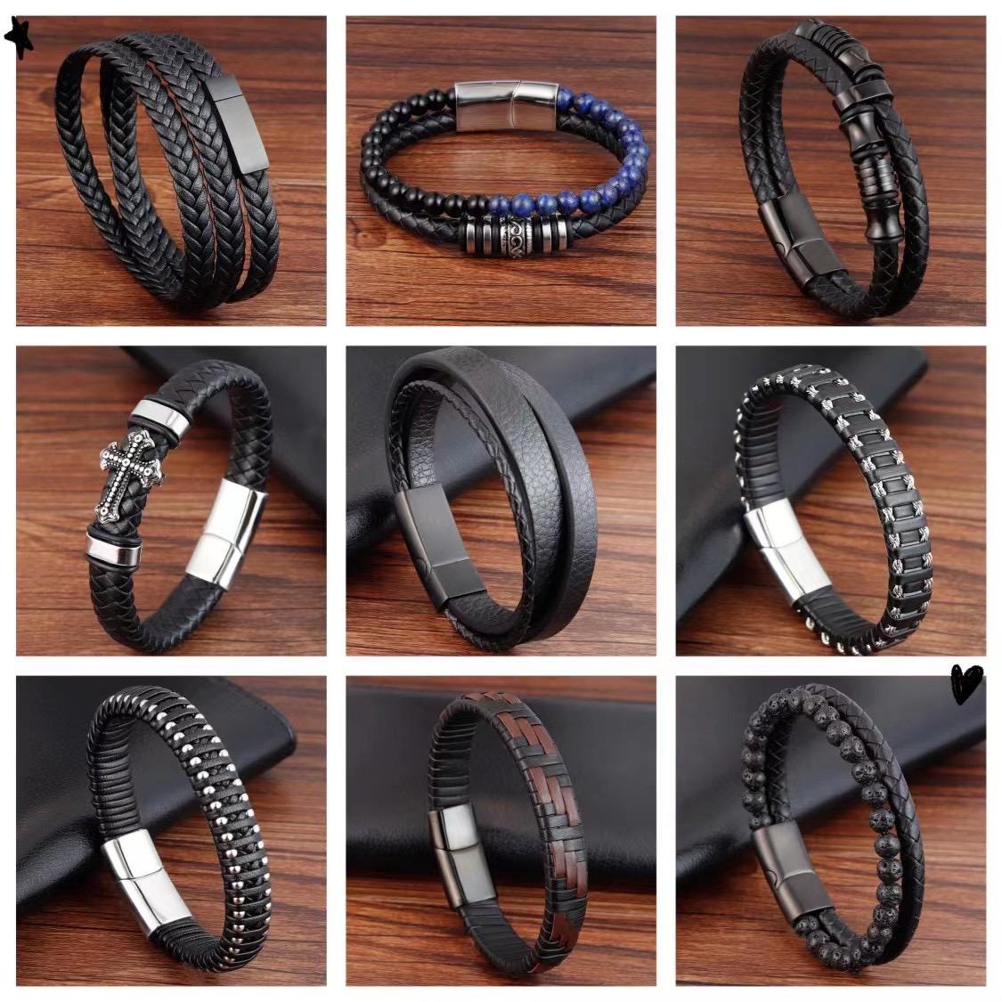 Hot Woven Multi-layer Men s Stainless Steel Leather Rope Vintage Bracelet 19cm&Leather bracelet чёрный