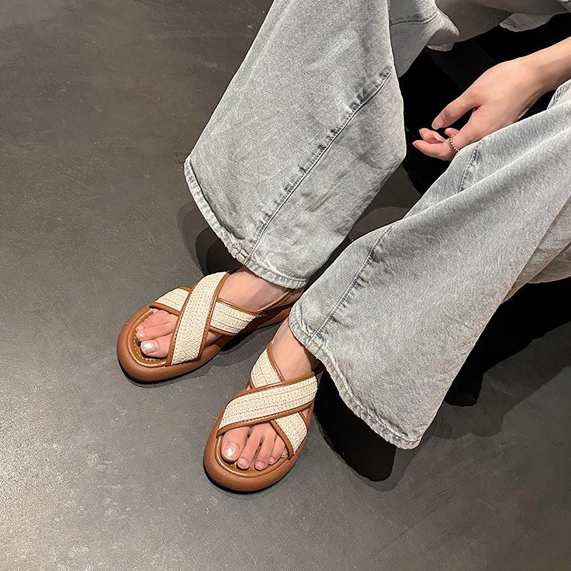 

Cowhide version~ Woven Roman sandals flat bottom cross belt women s summer casual simple beach sandals outside 35