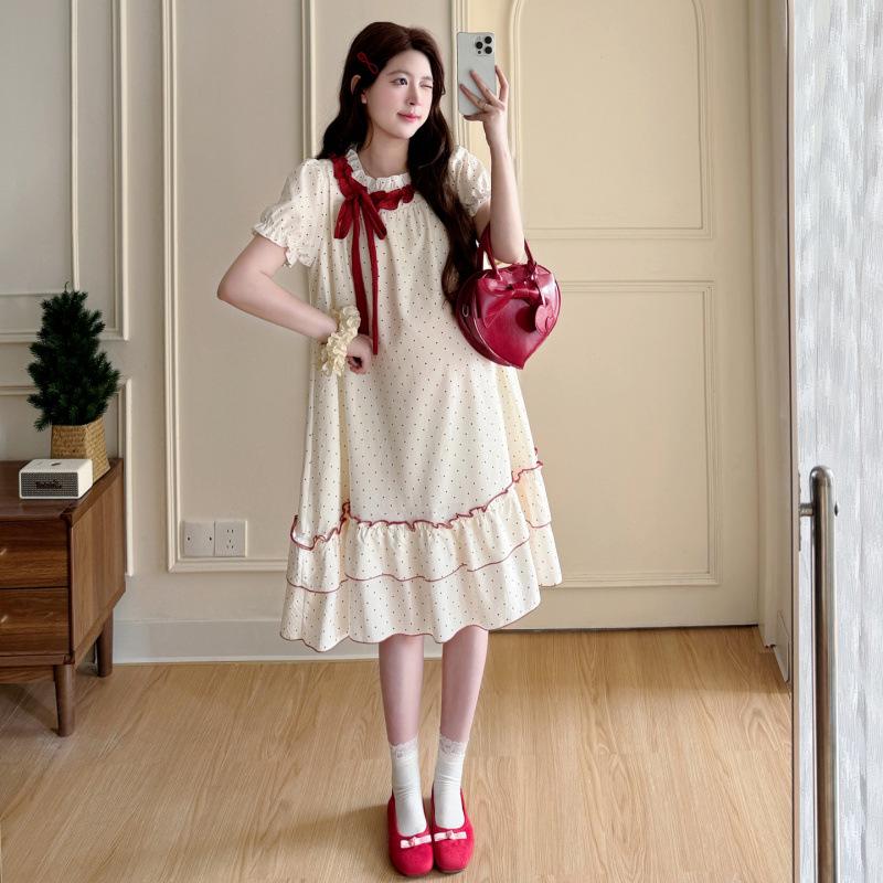2026 Summer Polka Dot Maternity Dress with French Doll Collar Medium