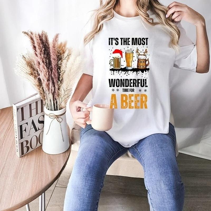 

FeUnisex Street Wear Tshirt Christmas Santa Beer Print Tops T Shirt Reindeer Drinking Graphic Tees Shirt for Women Tshirt Clothes 4XL