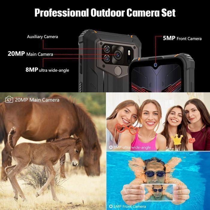 HOTWAV W10 PRO Smartphone Robuste 6Go+64Go Écran 6.53'' HD+ Téléphone Portable Incassable 15000mAh Caméra Triple IP68/IP69K Noir