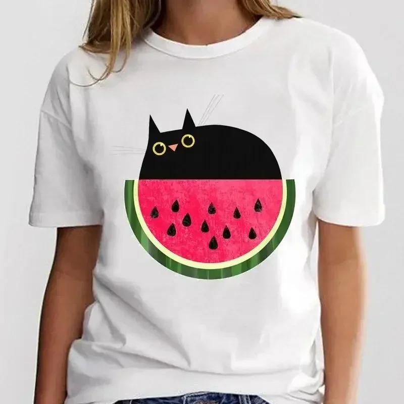 

Watercolor White Cat in Floral Greenery TShirt with Dreamy Art Design Casual Top for Animal Nature Lovers S