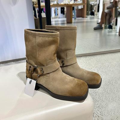 Modne Vintage Zamszowe Skórzane Okrągłe Czubki Botki do Kostki Kobiety Klasyczne Wzory Obcas Botki Chelsea Proste Wygodne Modne Kowbojki
