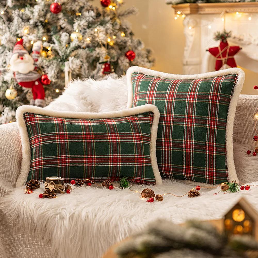 New Christmas Plaid Plush Edge Pillowcase, Winter Imitation Rabbit Fur Living Room Sofa Cushion New Christmas Party Decoration