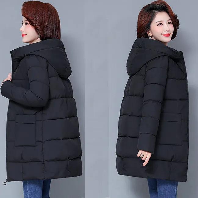Dámský zimní teplý kabát s kapucí ve střední délce, jednoduchý kabát pro ženy středního a staršího věku