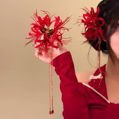 Pince à Cheveux Pompon Lys Rouge Rétro Fleur en Tissu Épingle à Cheveux Accessoires de Cheveux Style Champêtre pour Mariée