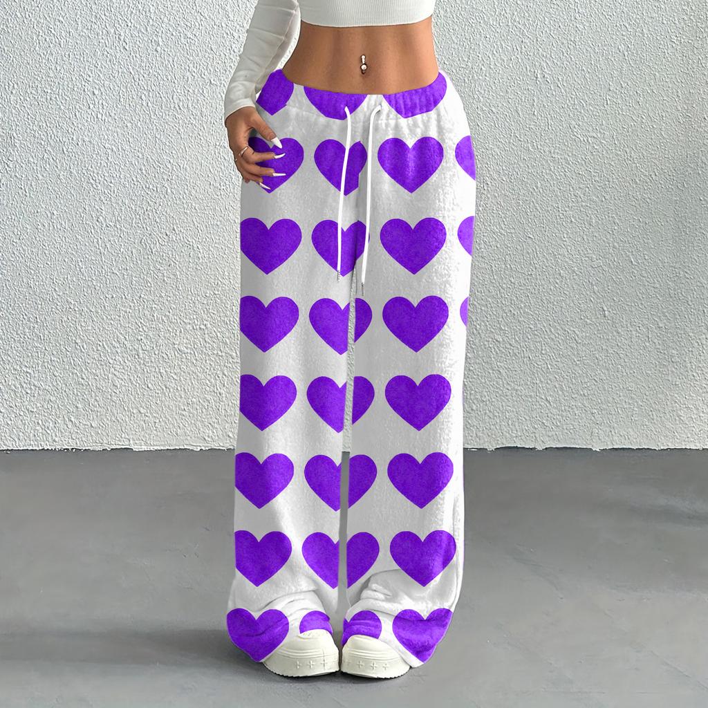 Women's Casual Fashion Printed Elastic Waist Loose Straight Leg Pants With Rope