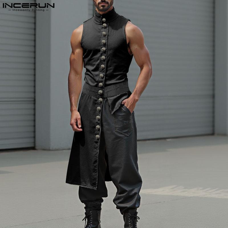INCERUN Men Stand Neck Sleeveless Buttons Side Splits Irregular Tank Tops