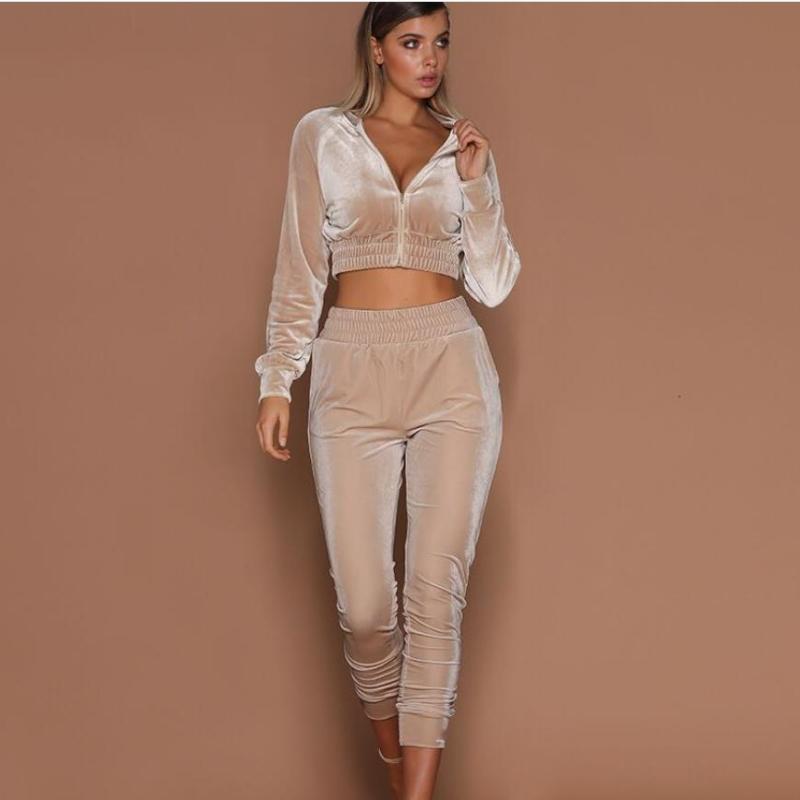 

Модный уличный комплект из двух предметов из бархата, женские брюки, повседневные однотонные брюки с круглым вырезом и застежкой-молнией, женские облегающие спортивные комплекты из двух предметов со штанами 25834 L абрикосовый