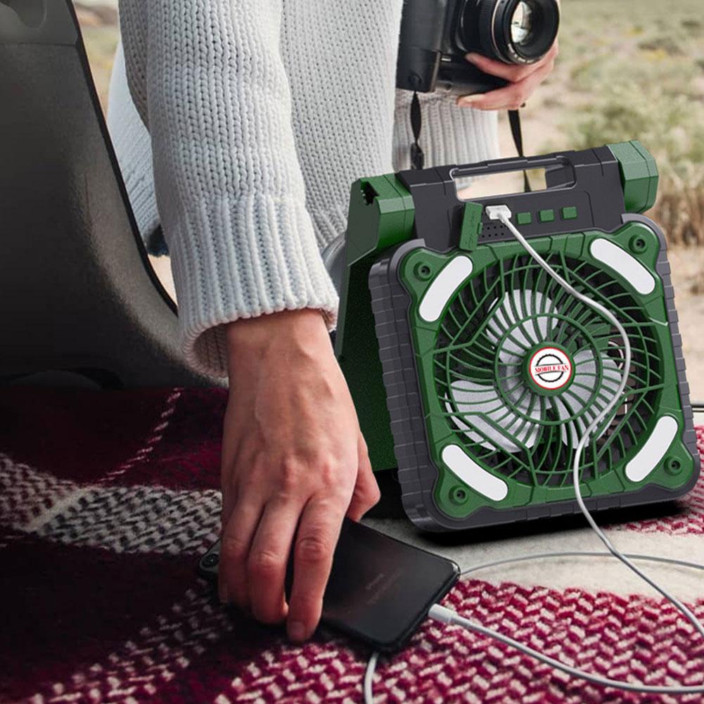 Solar Outdoor Camping Fan with LED Light USB Rechargeable Solar Outdoor Tent Fan 5200mAh Solar Cordless Tent Fan for Emergency