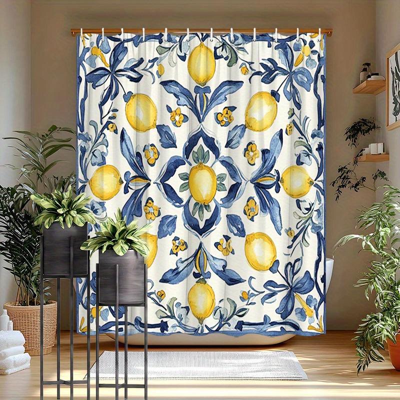 1 ks Sprchový závěs Citron & Modré listí - Středomořská akvarelová malba, Krémové pozadí, 70,8x70,8", Polyester, Snadno se čistí
