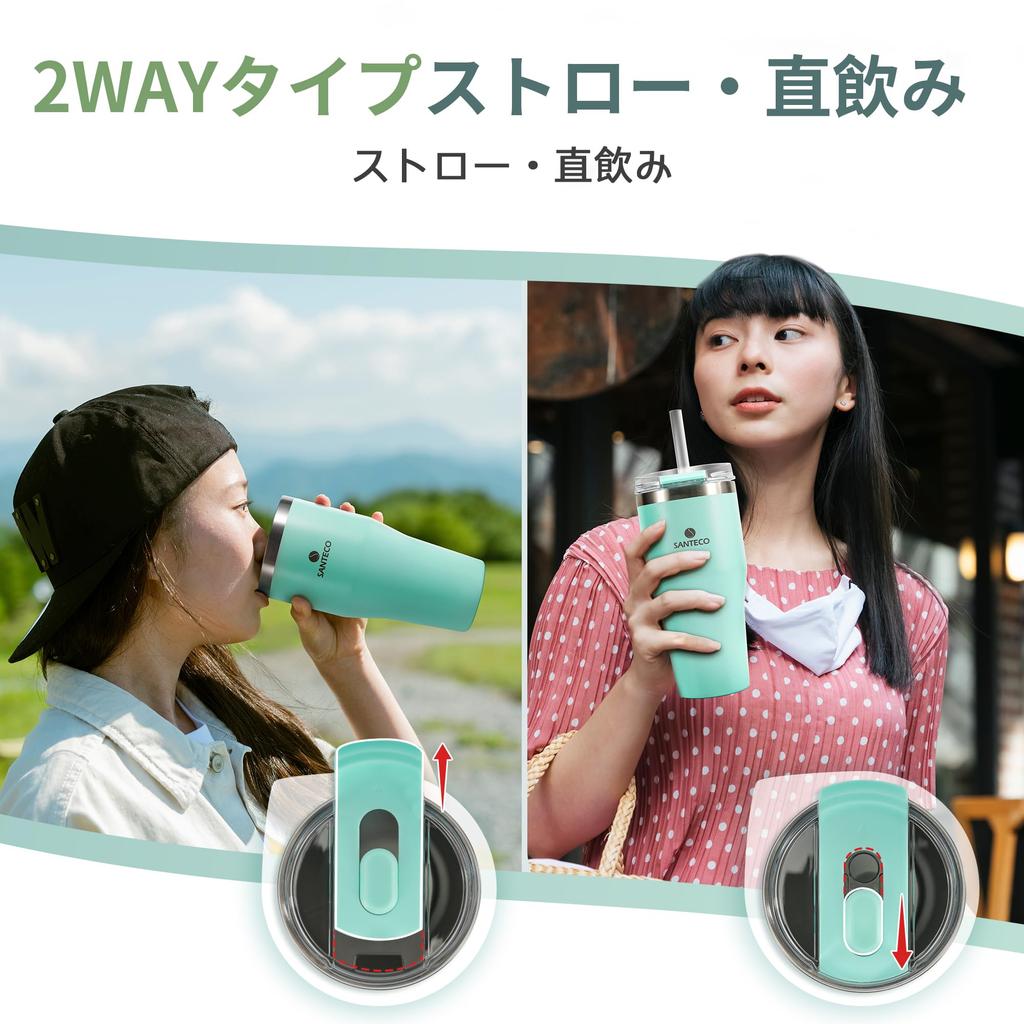SANTECO ESCAPE with Lid and Large Keeps Drinks Hot or Stainless Vacuum Wide Mouth Green Tumbler, 590ml, Straw, Capacity, Cold, Stylish, 18/8 Steel,