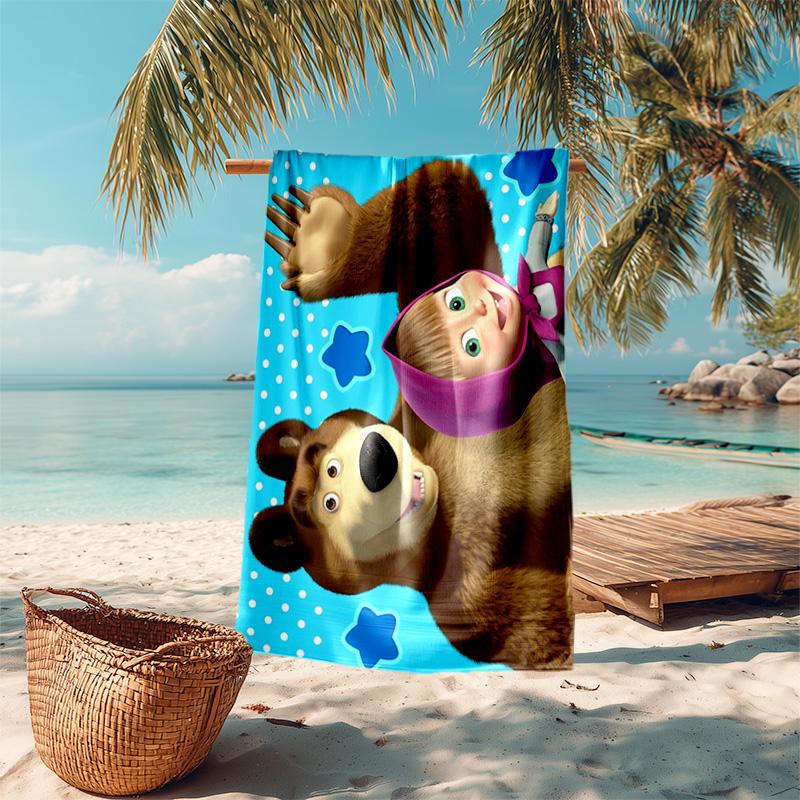 Fairy Tale Cute Cartoon Masha and the Bear Beach Towel, Outdoor Camping Beach Towel for Vacation Swimming, Outdoor Pool, Absorbent Bath Towel, H8