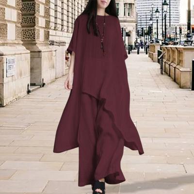 Yousheng 2-teiliges Set Baumwolle Leinen Oberteile Hosen Set O-Ausschnitt Halbarm Unregelmäßiger Saum Oberteile Hohe Taille Lange Hosen Set Einfarbig Lässiges Outfit