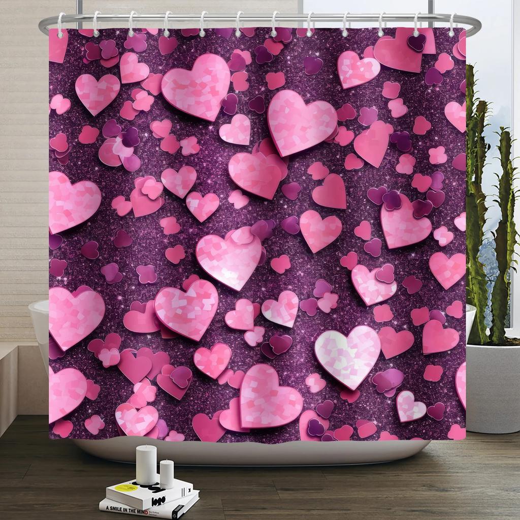 Happy Valentines Day Heart Shower Curtain Red Pink Romantic Falling Love Heart Sweet Lovers Waterproof Bathroom Curtain Decor