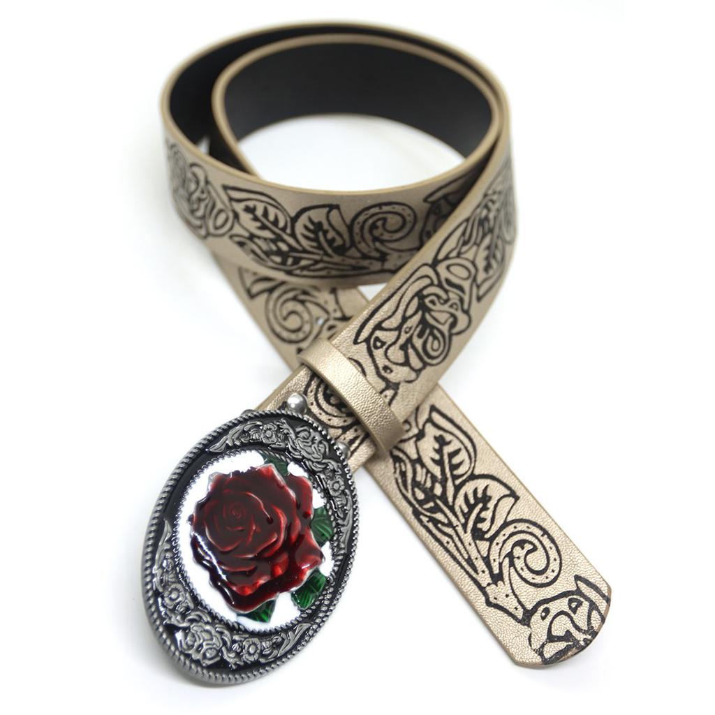 Embossed Pattern PU Belt for Women Subcultures Pin Belt Rose Buckle Waist Belt Elegant Belt for Teens Girl Pants Belt