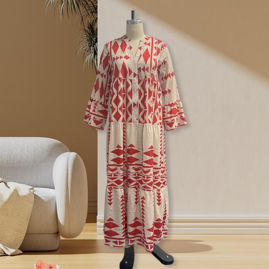 V-Ausschnitt Langarm Knöpfe Halbe Knopfleiste Plissee-Nähte Großer Saum Strandkleid Geometrisch