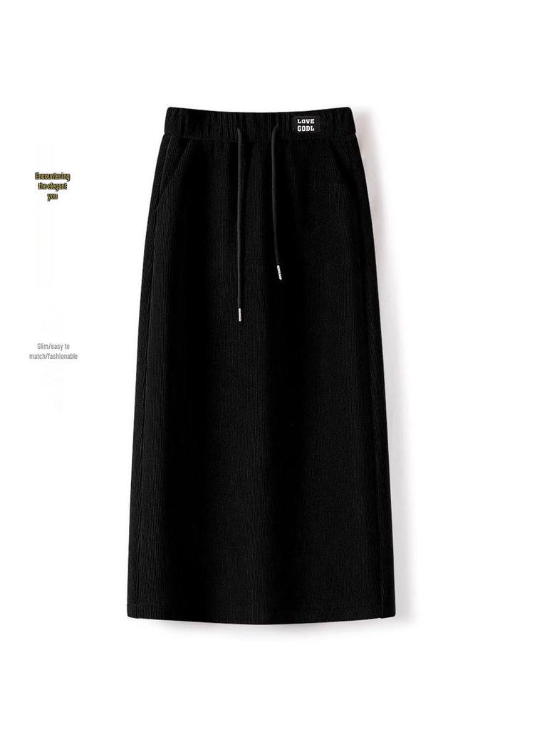 Women's Plus Velvet High Waist Midi Skirt - A-Line, Drawstring Elastic Waist, Straight Hem, Hip-Hugging, Autumn/Winter 2025