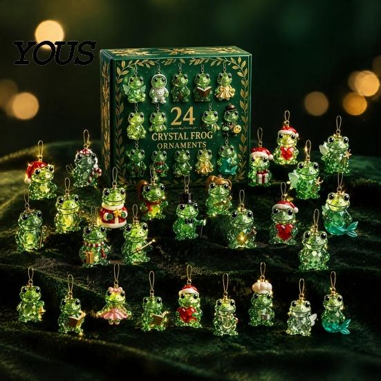 Faux Crystal Frog Ornaments 2026 Christmas Advent Calendar, 24 Day Countdown Box with Mini Animal Statues Ornaments, Festive Tree Hanging Decor,