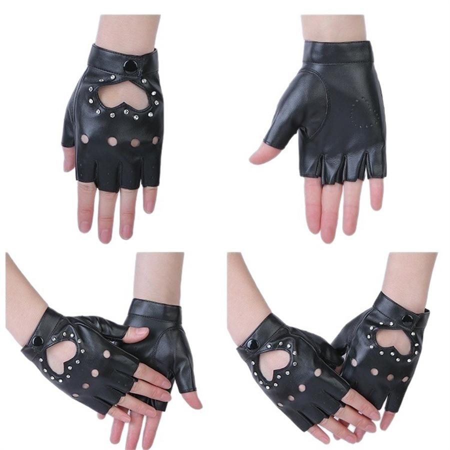 Women Heart Cutout Rhinestone Fingerless Gloves, Punk Faux Leather Half Finger Gloves for Dancing, Cosplay, Biking, Party, Performance