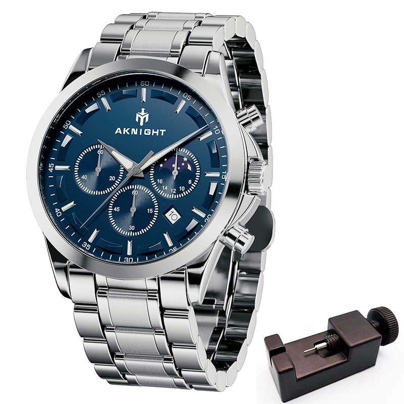 

[AKNIGHT] watch men s Fashionable clock mens watches night light chronograph fixed bezel analog calendar arm clock waterproof leather/stainless steel
