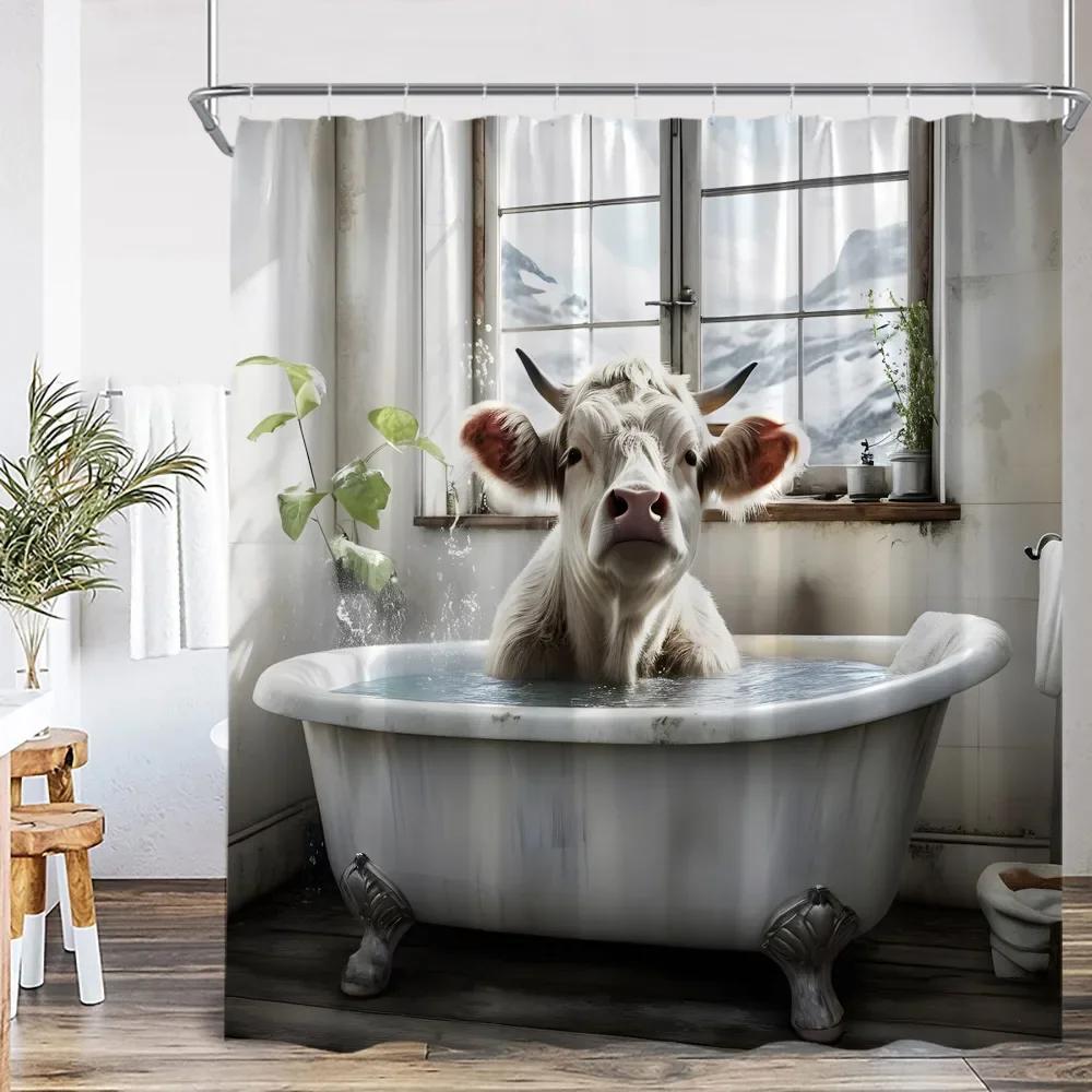 Roliga badande djur Duschdraperier Get Höglandsko Elefant Hund Gris Badrumsdekorationer Bad Djur Badkarsdraperi